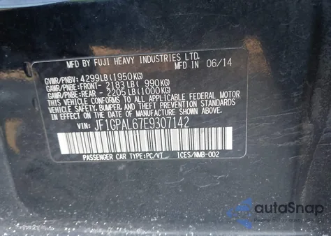 2014 Subaru Impreza 2.0I Sport Premium from USA, damaged, VIN JF1GPAL67E9307142